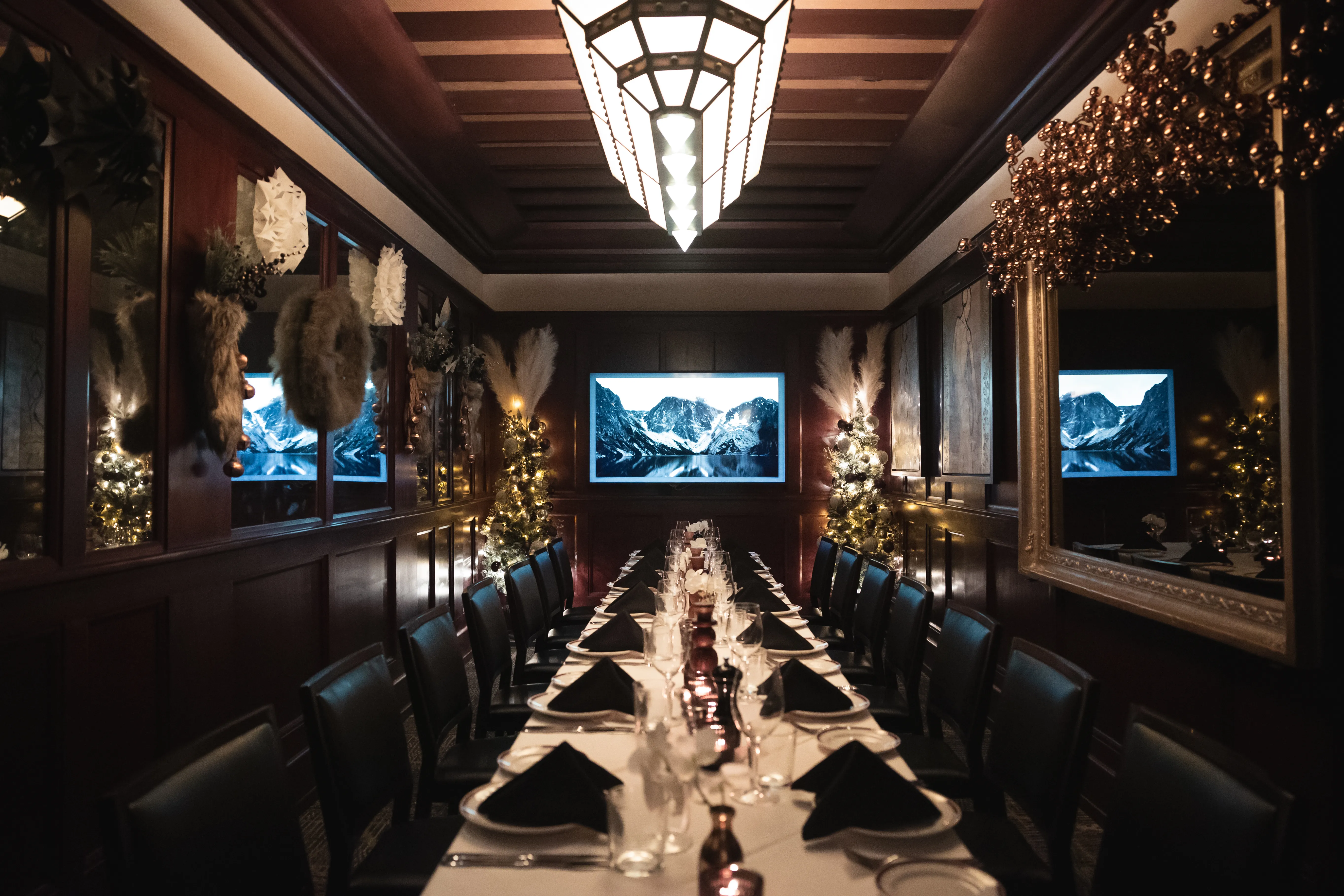 Private dining room set for an evening event at Chops Lobster Bar, Buckhead Atlanta