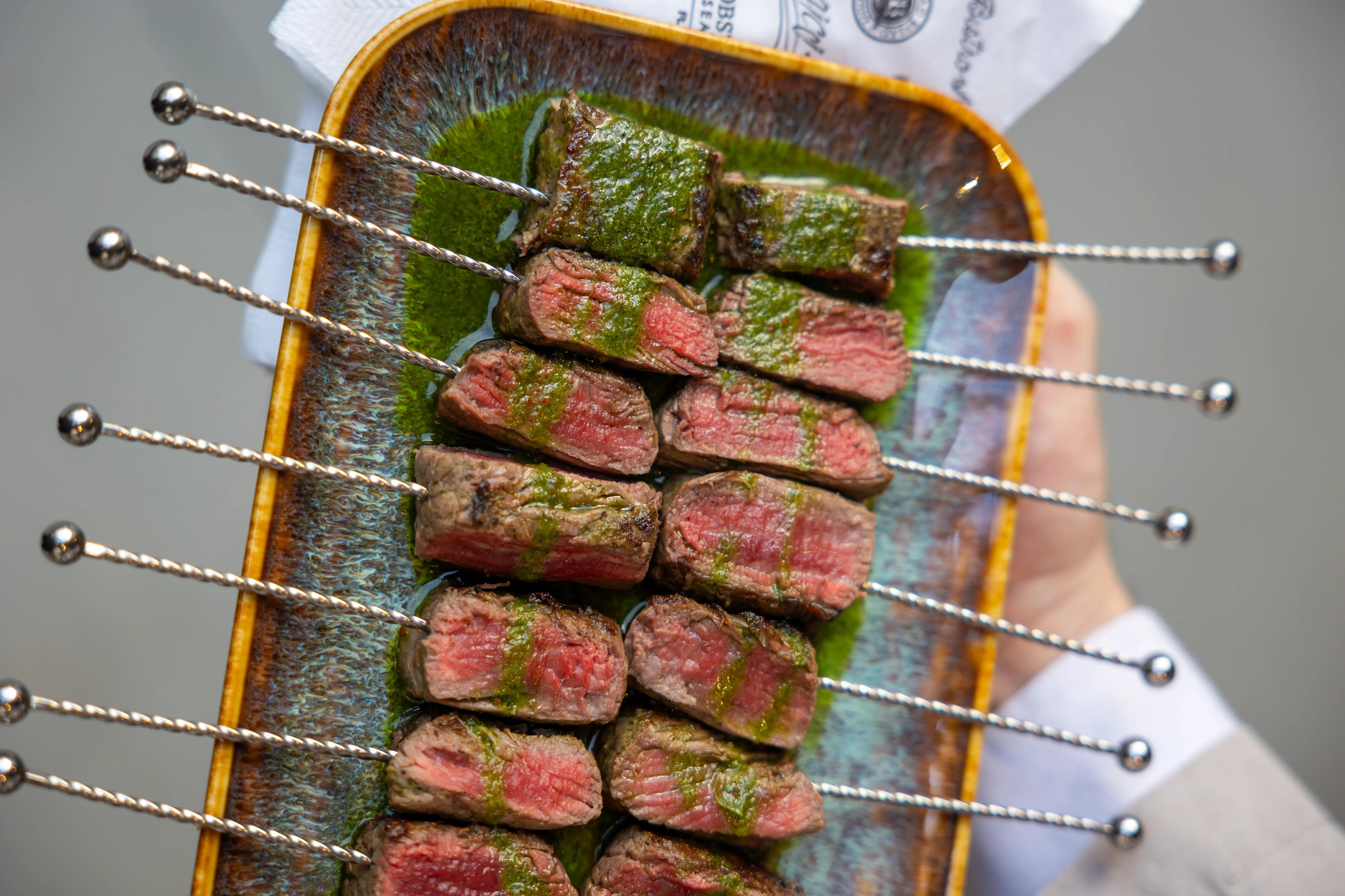 Passed hors d'oeuvres: seared beef tenderloin tips with chimichurri at Chops Lobster Bar, Buckhead Atlanta